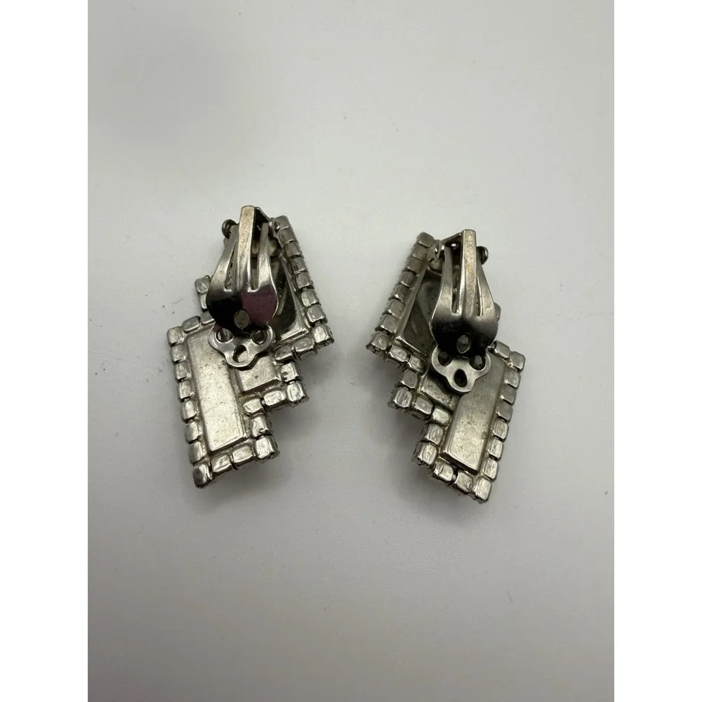 Vintage Milk Glass and Rhinestone Clip on Earrings Art Deco‎ Statement Jewelry